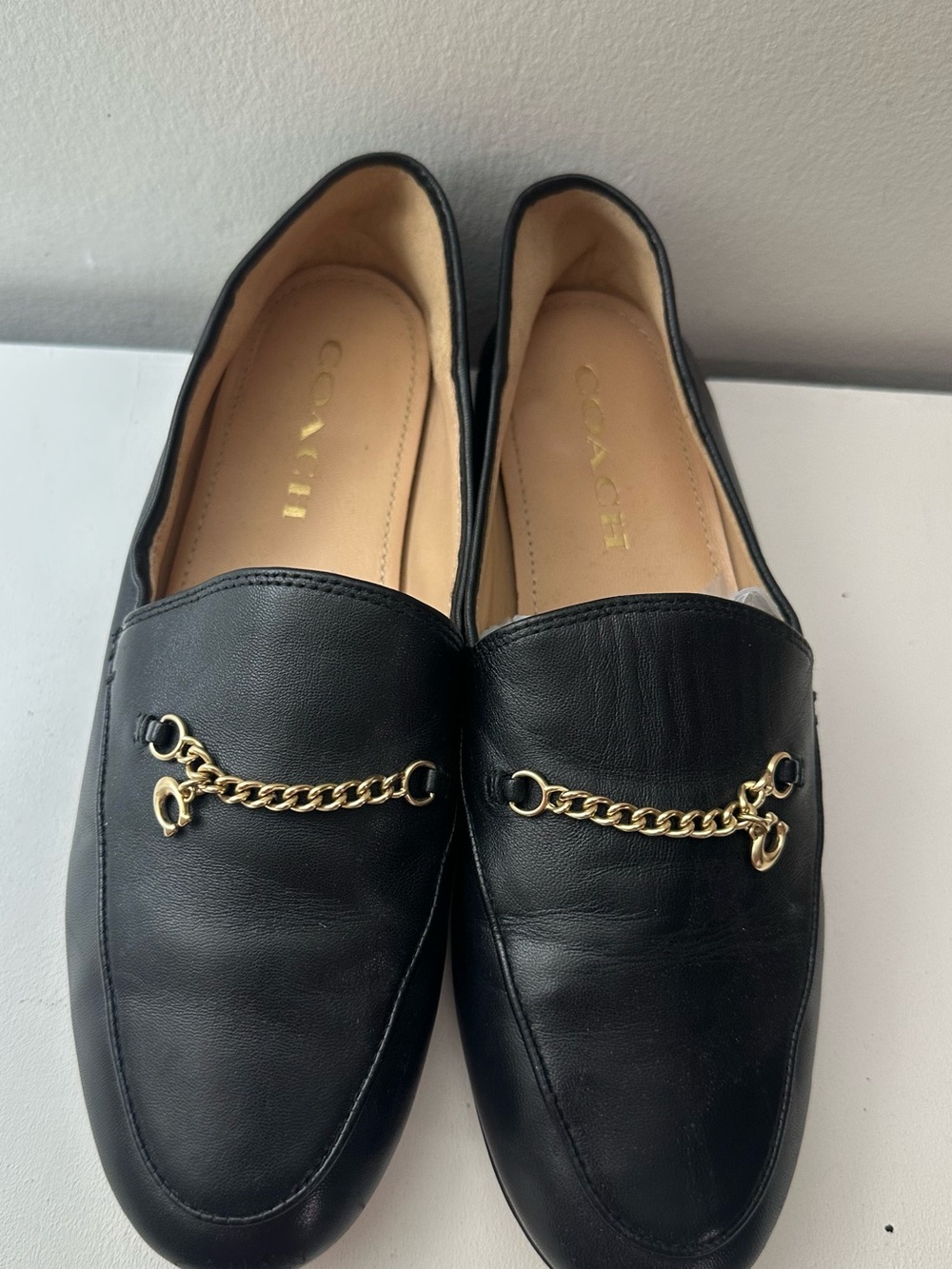 Coach Black Leather Loafers with Gold Chain Detail